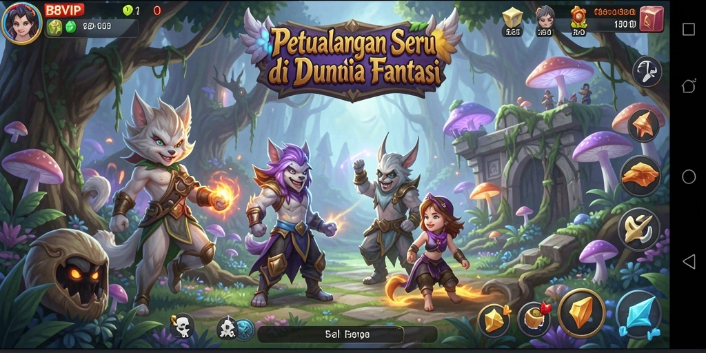 Screenshot gameplay B8VIP yang menunjukkan petualangan seru di dunia fantasi.