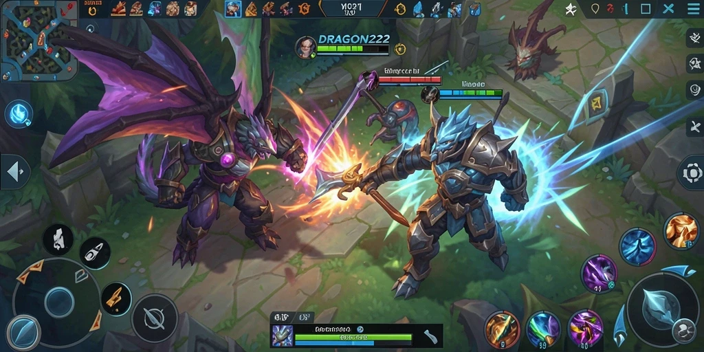Tampilan seru dari permainan MOBA DRAGON222 saat pertempuran berlangsung.