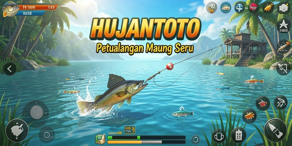 Screenshot gameplay HUJANTOTO menampilkan pemancing menarik ikan di danau.