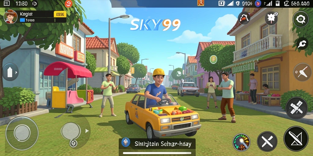 Screenshot gameplay <strong>SKY99</strong> yang menunjukkan simulasi aktivitas sehari-hari.