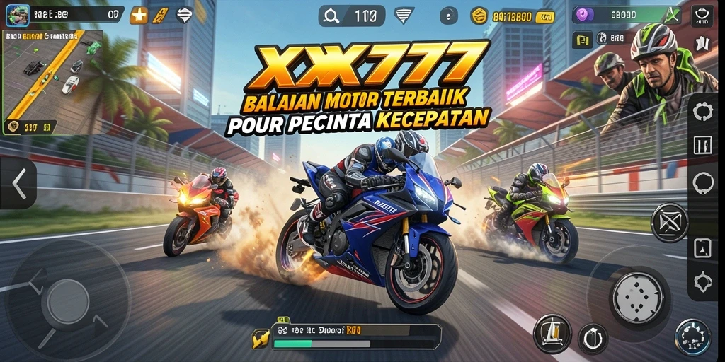 Screenshot utama XXX777 menampilkan aksi balapan motor yang mendebarkan.